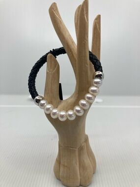 Honora NWT Braided Leather Bracelet with White Pearls and 925 Silver Accents
